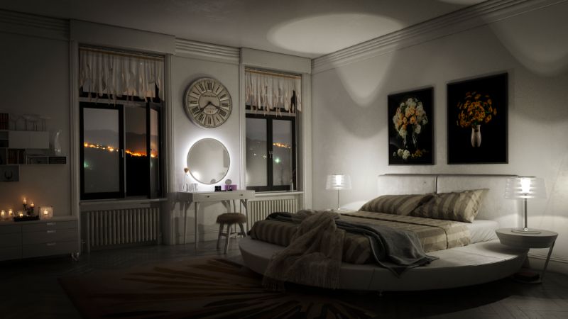 minimalist bedroom at night